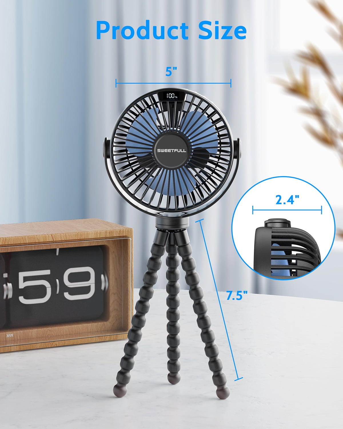 SWEETFULL Portable Stroller Fan, with Display 4000mAh Battery Powered Mini Clip On Fan, 4-Speed Rechargeable Small Personal Fan Handheld Desk Cooling Fan for Baby Car Seat Crib Travel Black