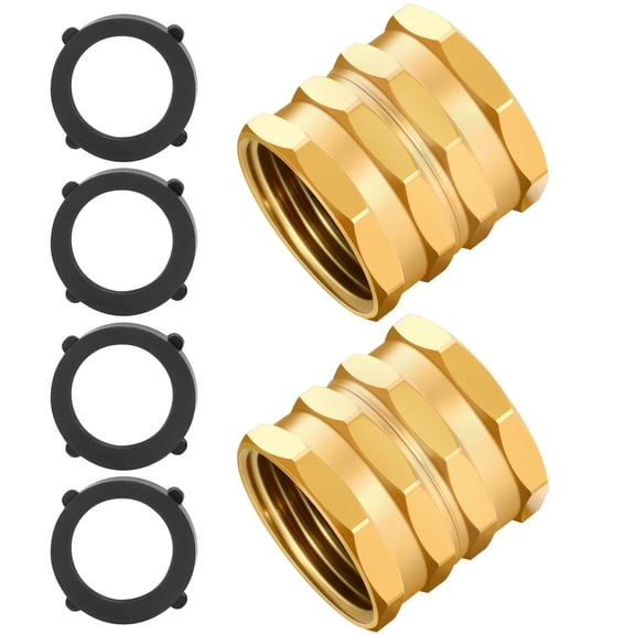 2 Pack Brass Garden Hose Adapter Female to Female, 3/4 Inch Swivel Connector for Water Hose, Heavy Duty Coupler with 4 Extra Washers, Gold