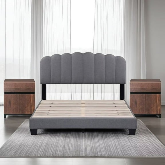 WAMPAT Queen Size Bed Frame with 2 Nightstands, Upholstered Platform Bed with Adjustable Fabric Headboard, Wooden Slats Support, Grey & Brown
