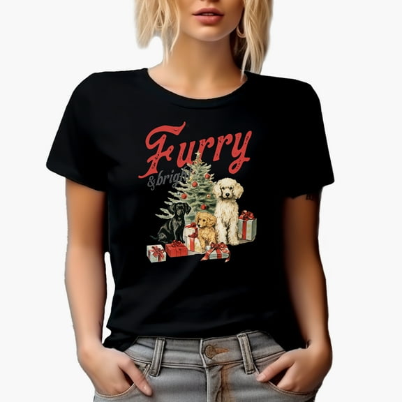 Furry & Bright, Vintage Christmas Tree, Dogs & Presents Art Merch Gift, Black T-Shirt, Small