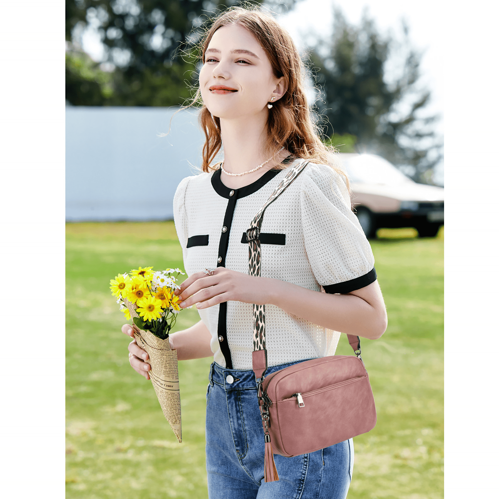 KL928 Soft Leather Crossbody Bag for Women Ladies Wide Strap Shoulder Bag Small Purses and Handbags