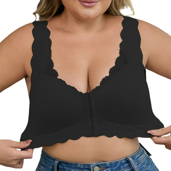 TEVEQ Front Closure Bras for Women Seamless Wireless Push Up Bra No Underwire Full Coverage Comfort Bras Front Buttoned Back Lace Thin Plus Size Close In Bra for Women Black Xxl