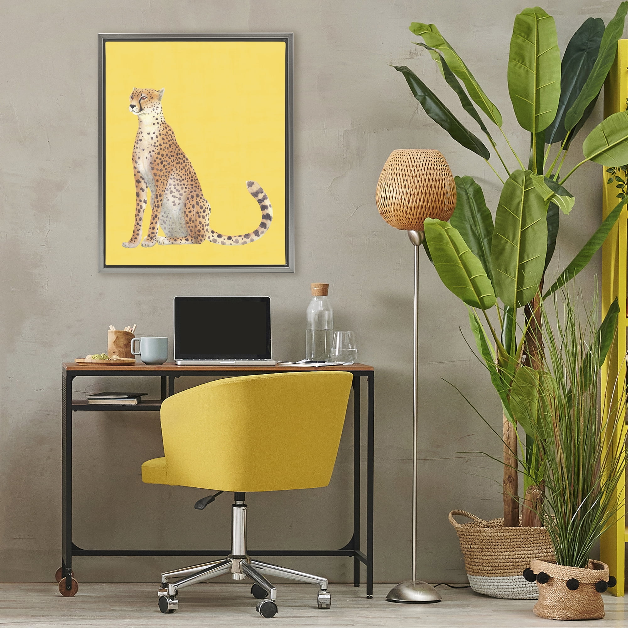 Stupell Industries Cheetah on Vibrant Yellow Gray Framed Floater Canvas Wall Art, design by Karolina Sato