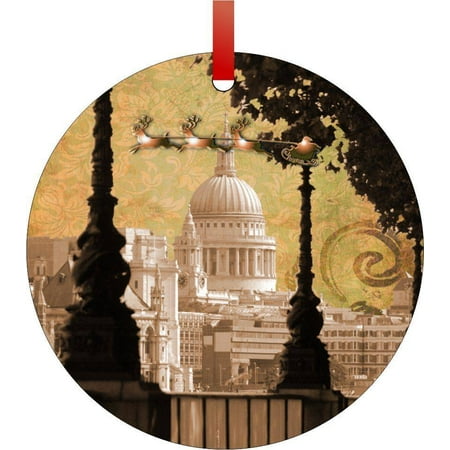 Cathedral Santa - Vintage Santa and Sleigh Riding Over St. Paul's Cathedral Flat Round - Shaped Christmas Holiday Hanging Tree Ornament Disc Made in the U.S.A.