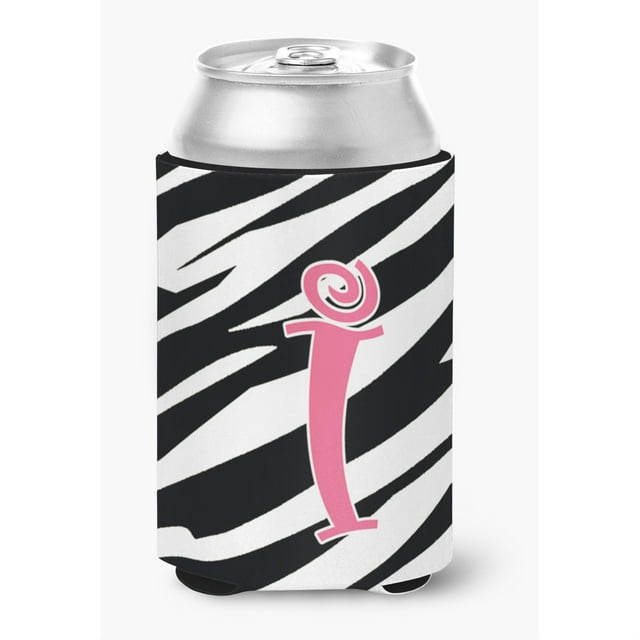 Monograma inicial de la letra I - Abrazadera aislante para bebidas con rayas de cebra y latas o botellas rosas