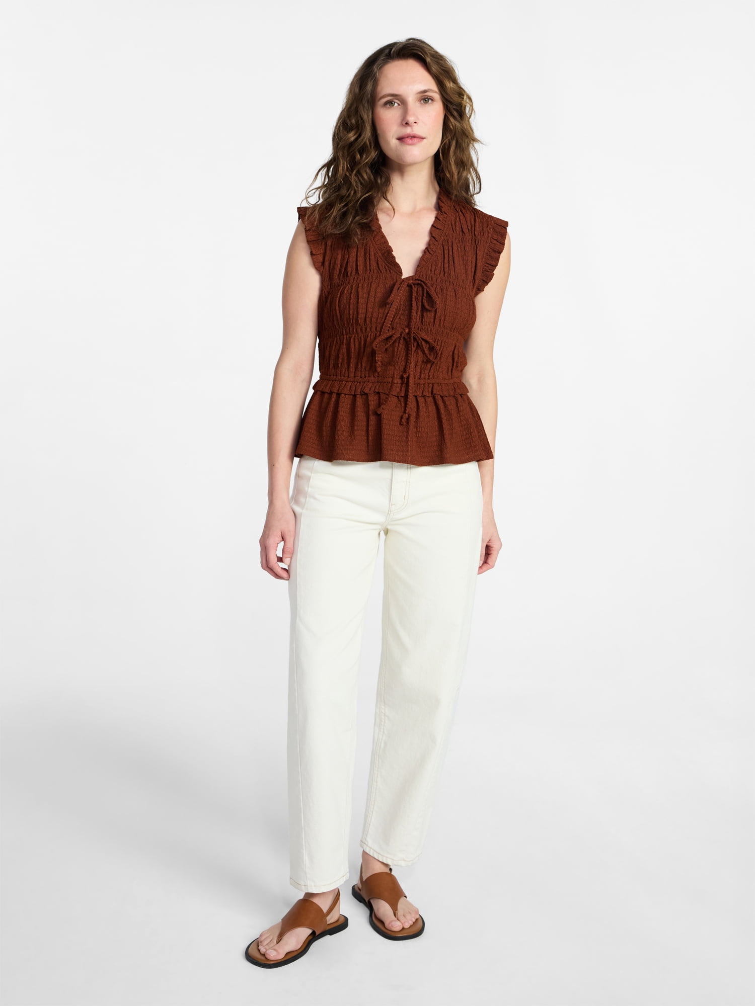 Time and Tru Women's Textured Tie Front Top, Sizes XS-XXXL