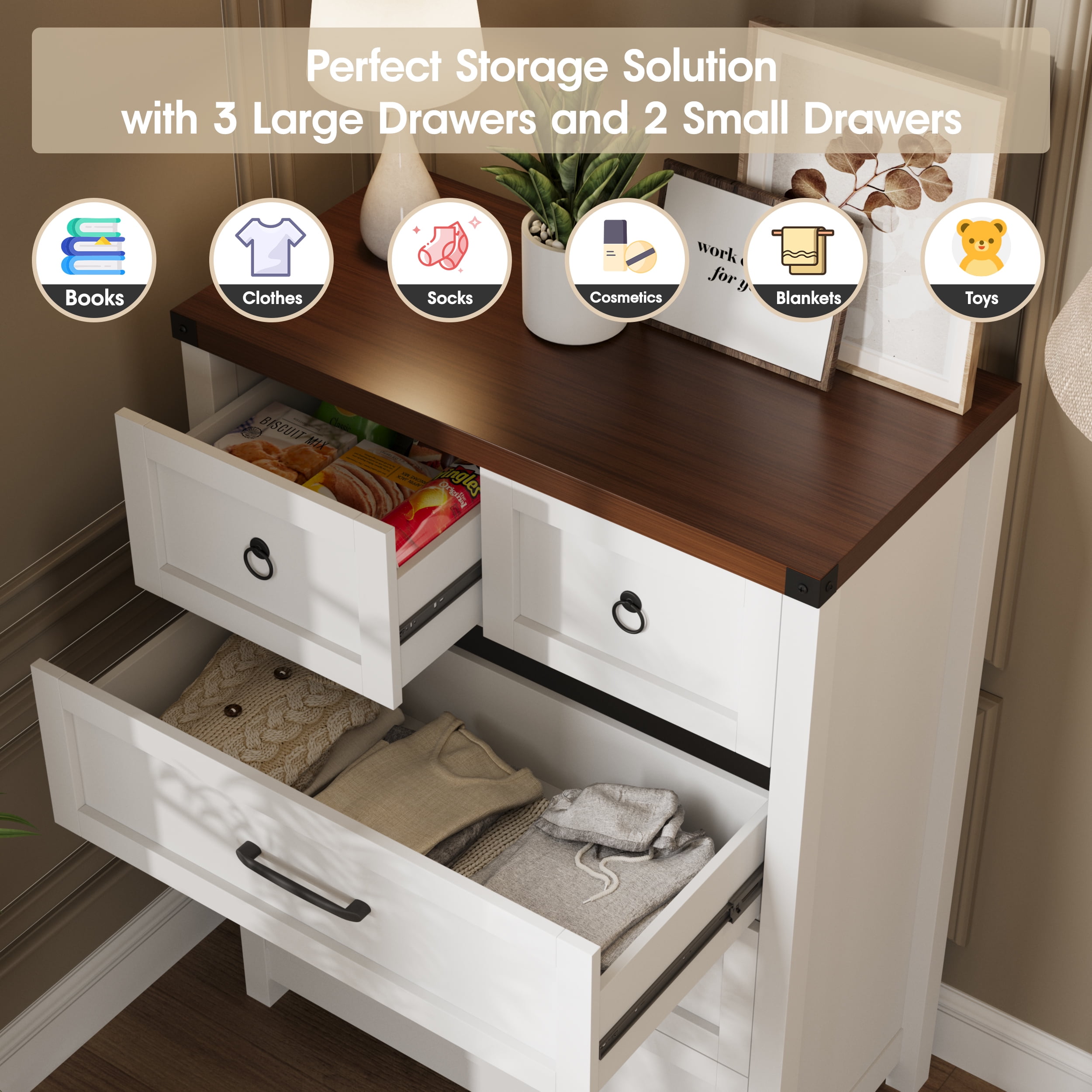 Vabches White 5 Drawer Dresser 41.3" Tall, Wood Wide Chest of Drawers for Bedroom Entryway Living Room Closets