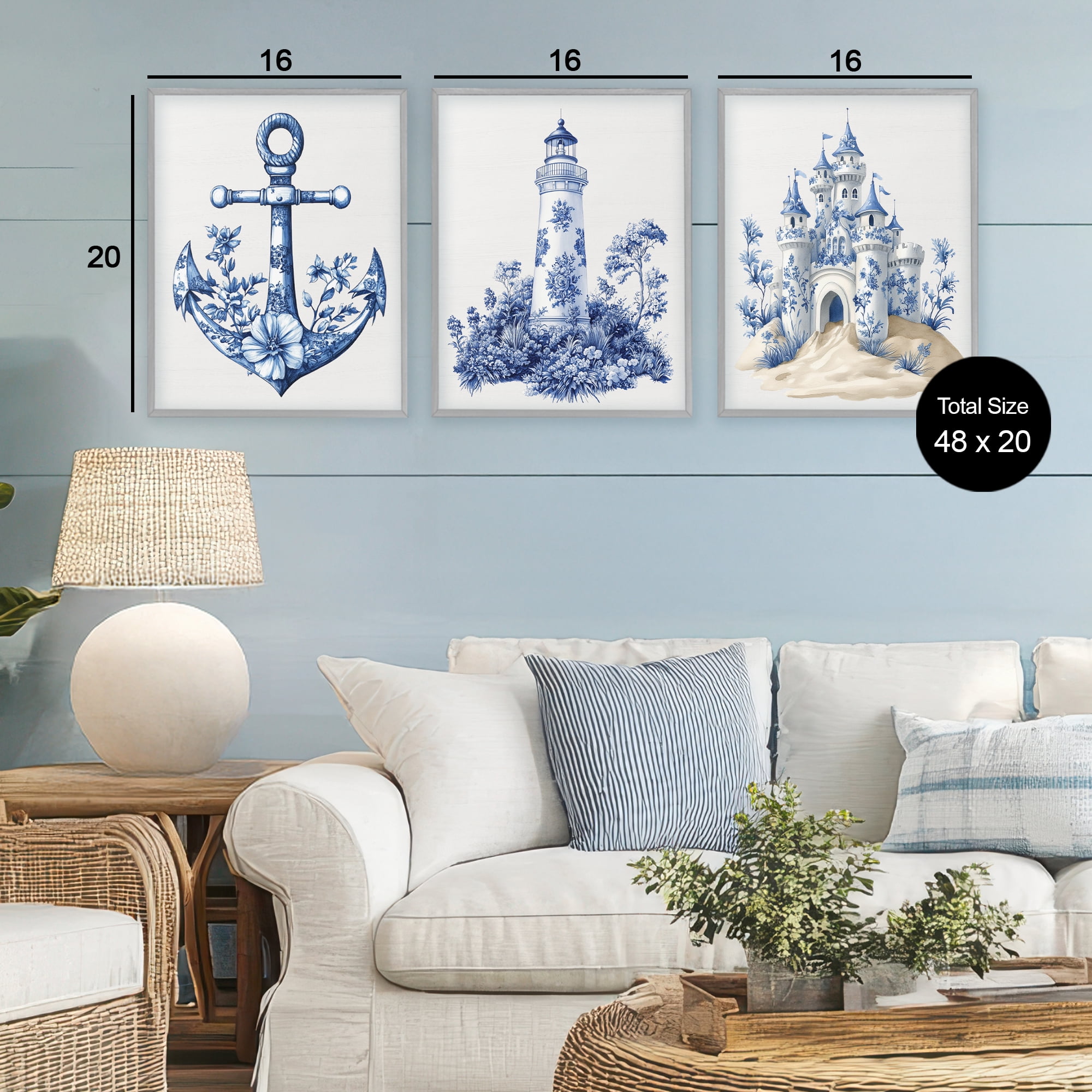 Ornate Nautical Toile Patterns 3 Piece Gray Framed Giclee Art Set, design by Lettered and Lined