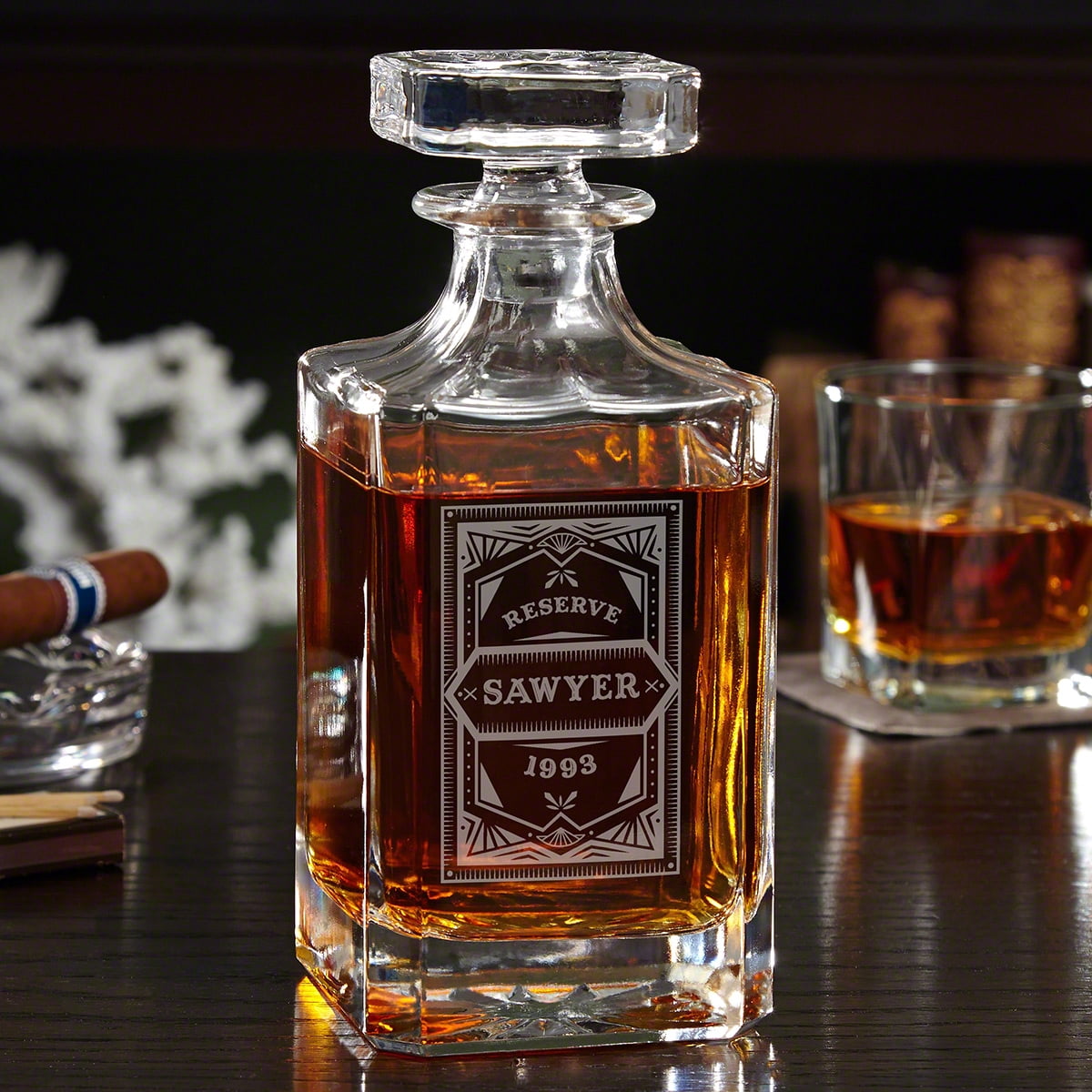 Personalized Whiskey Decanter Set with 2 Colchester Glasses, Carmine Design by Home Wet Bar