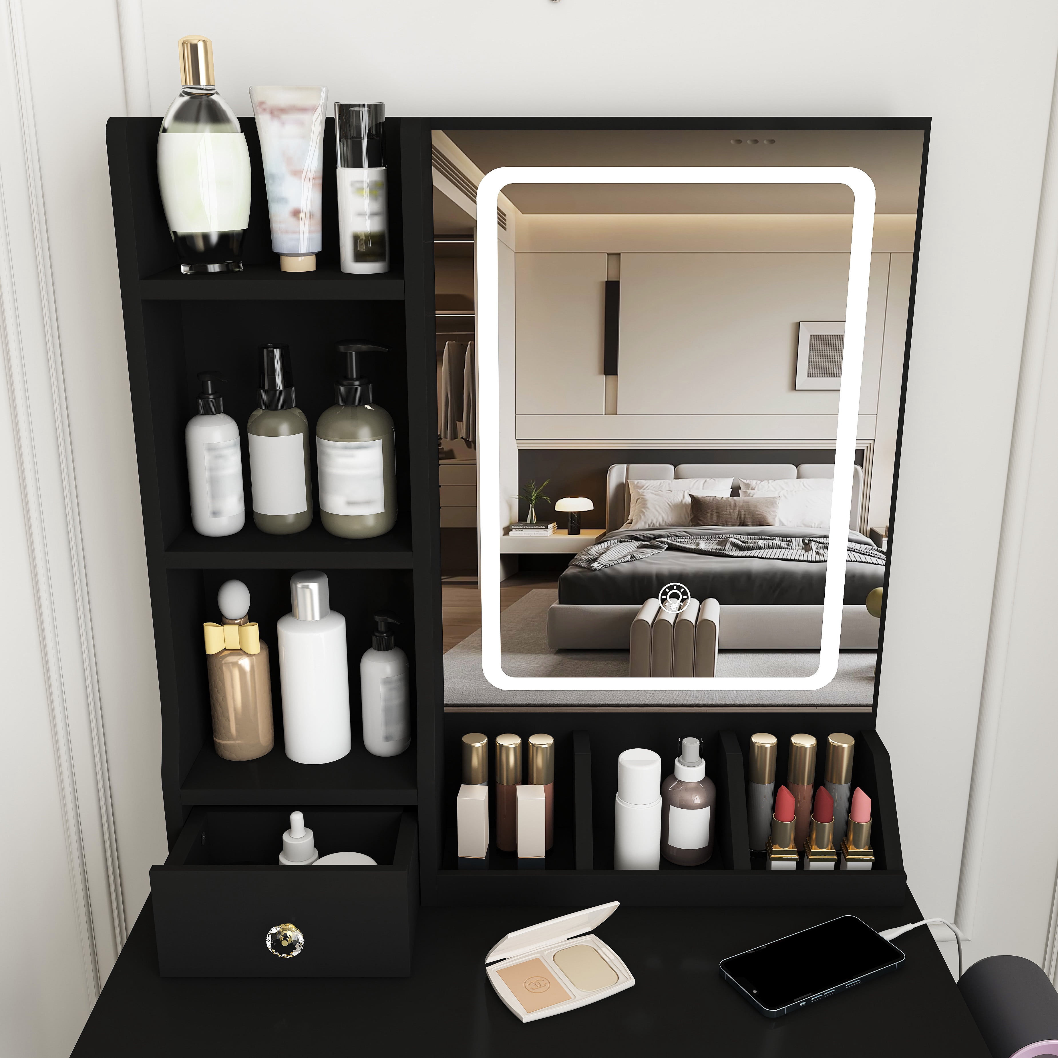 Mintazer Modern Vanity Desk Set with LED Lighted Mirror & Stool, Makeup Vanity with Power Outlet, Hair Dryer Holder, 3 Drawers & Open Shelves, Black