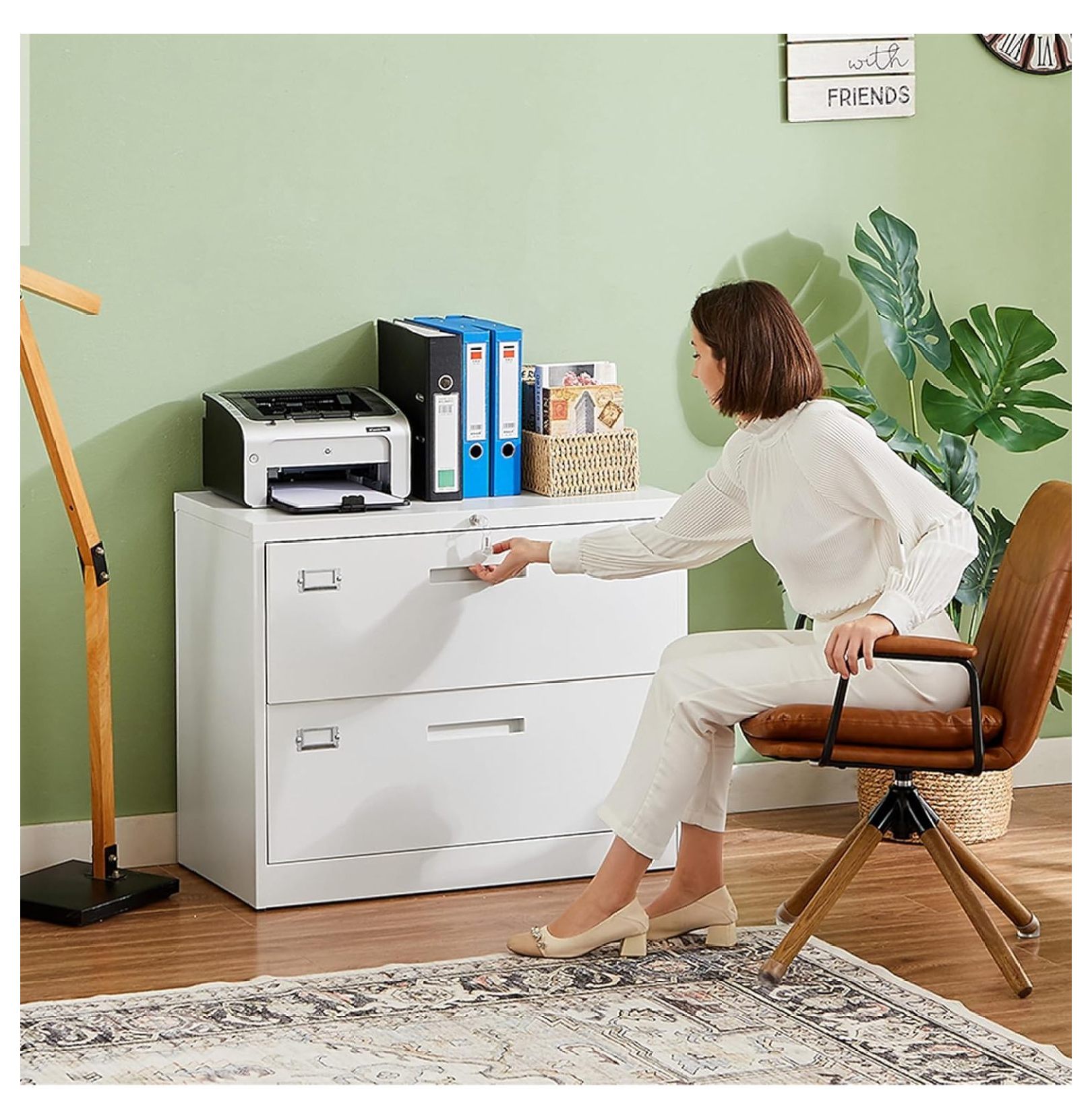 WDZS 2 Drawer Metal Filing Organization Office Cabinets with Lock,Lateral File Cabinets for Home Office Hanging Files Letter/Legal/F4/A4 Size (2 Drawer-White)