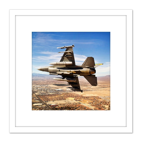 Bloker Military USA F-16 Fighter Jet Over Las Vegas 8X8 Inch Square Wooden Framed Wall Art Print Picture with Mount