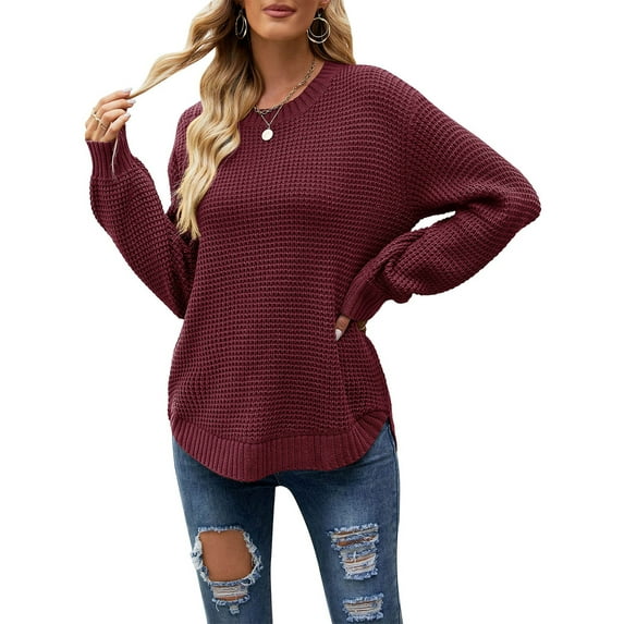 Avamo Women Cozy Winter Warm Pullover Solid Color Plain Sweater Ladies Long Sleeve Chic Jumper Tops Claret XL