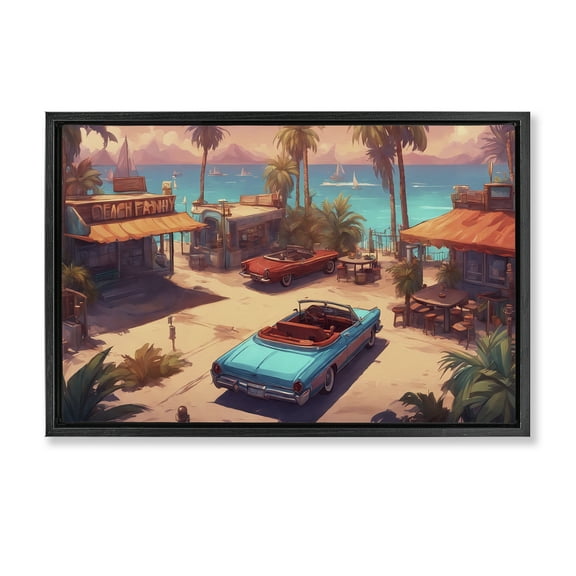 Stupell Industries Bright Beach Hues View Transportation Painting Black Floater Framed Canvas Art Print Wall Art, 25 x 17