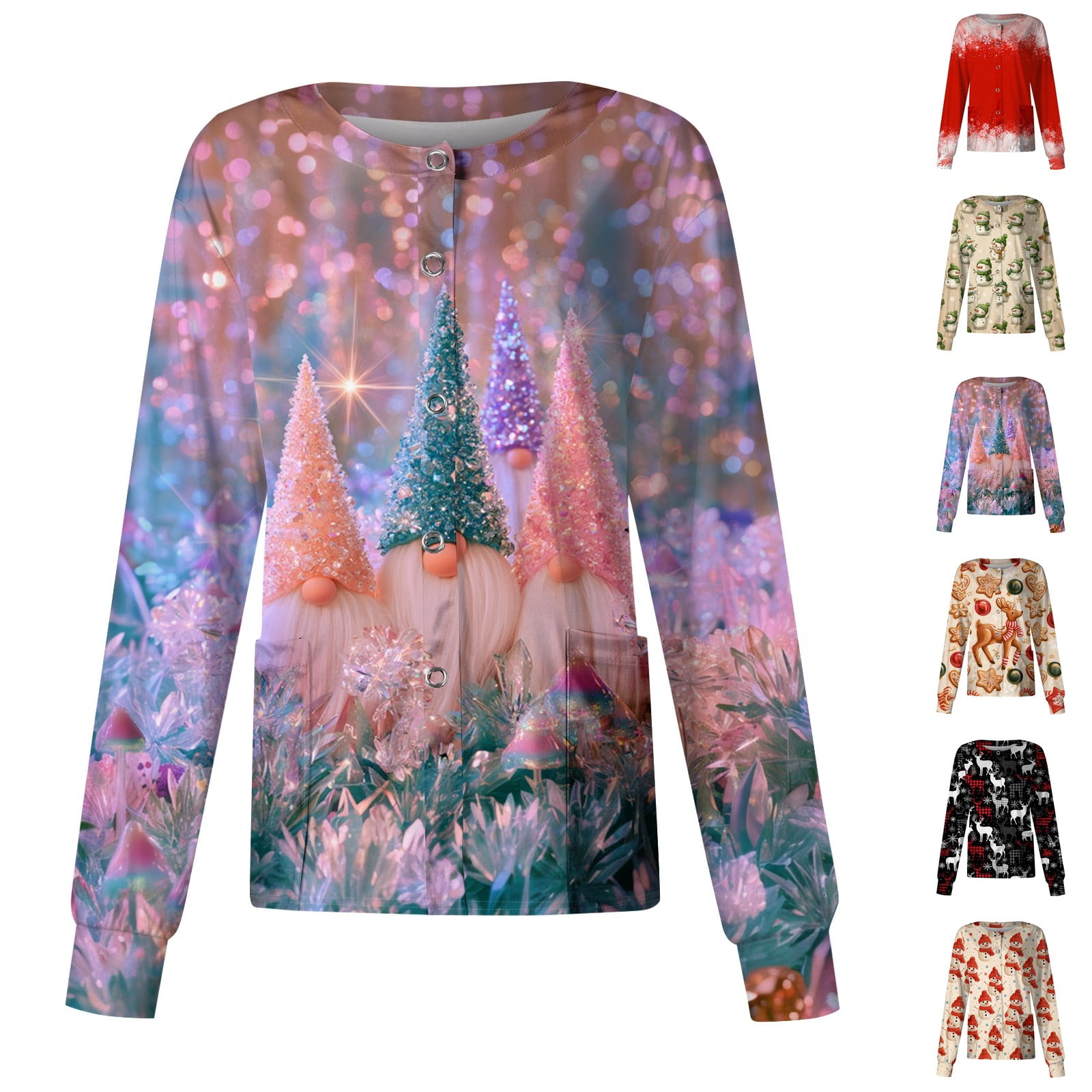 Lumtrix Women s Christmas Scrub Jacket Funny Print Scrub Shirts Stretchy Crew Neck Long Sleeve Medical Nursing Uniforms with Pockets Sky Blue XL