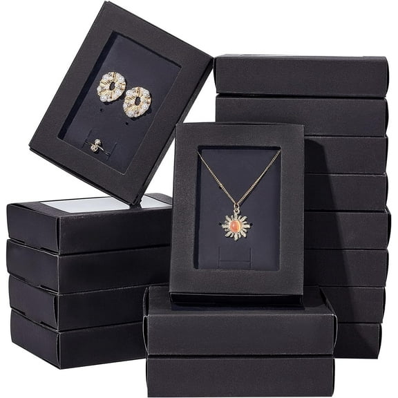 16 Pcs Kraft Paper Drawer Box with Clear Window 4.5x3.4x1 inch Black Cardboard Jewelry Boxes Jewelry Gift Boxes Rectangle Gift Box for Earring Rings Necklace Storage and Display