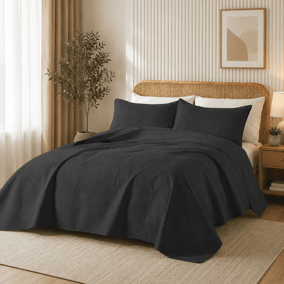 EL Twin Quilt Set Black,Ultrasonic Embossed Bedspread, Lightweight Microfiber Coverlet, Modern Thin Bedding Set for All Season, 2 Piece(1 Quilt,1 Pillow Shams)