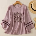 thumbnail image 2 of Jsaierl 3/4 Length Sleeve Cotton Linen Tops for Women Casual Button Up Crew Neck Shirts Cute Print Ladies Embroidery Blouses Soft Loose Fit T-shirts Top M-2XL, 2 of 10