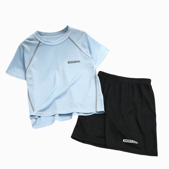 KPOPLK Kids Boys 2-piece Short Sleeve Graphic T-Shirt Tee and Shorts Set for Summer Active Boys Lightweight & Breathable Sports Clothes Size 9-10 Years,Light Blue