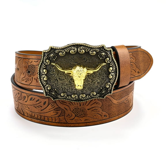 TELOLY Vintage Belt Western Belt Cowboy Belt Longhorn Bull Belt Buckle Belt Cowboy Belts for Men