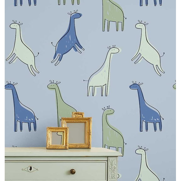 S4Sassy Cartoon Giraffe Wallpaper- Blue Wall Covering, 25" X 120" Self-Adhesive Plain Vinyl Wallpaper, Wallwrap, Easy Diy Wall Covering For Kids Bedroom, Kids Room Decor, Playroom