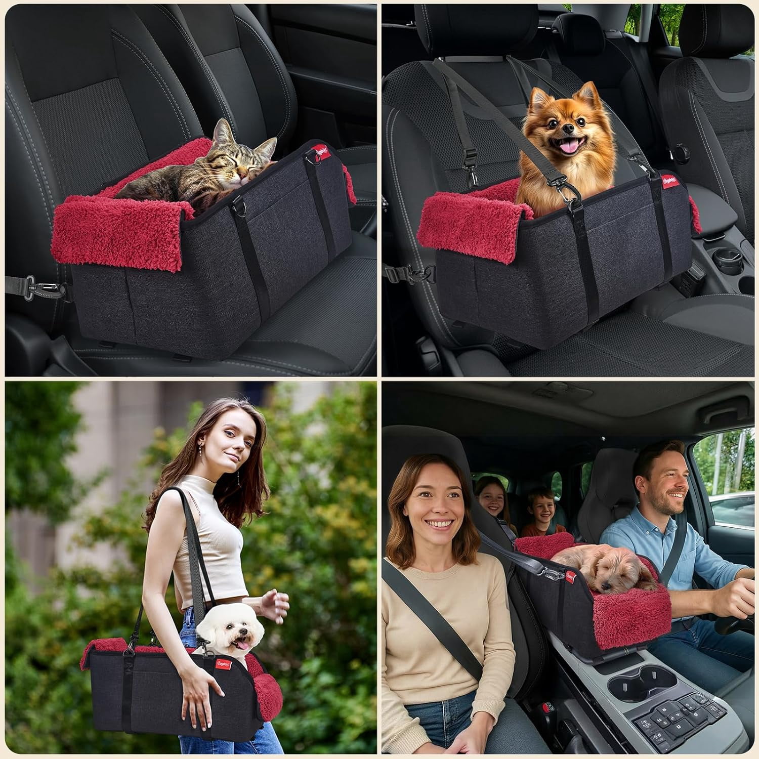 Center Console Small Dog Car Seat - Portable Pet Cat Puppy Booster Armrest Carseat Up to 11lbs, Anti-Collapse Comfort Car Travel with Washable Fluffy Cushion and Pillow, Red