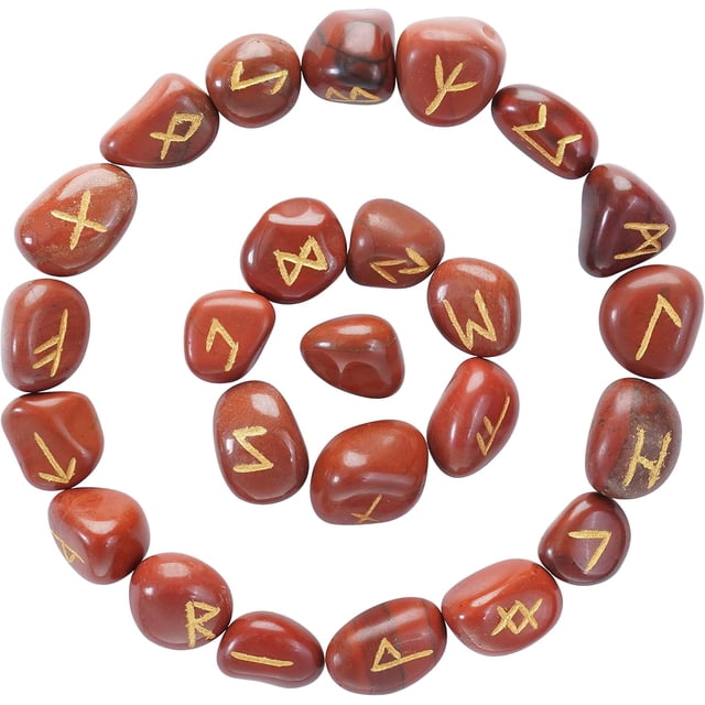Crocon Red Jasper Gemstone Rune Stone with Elder Futhark Alphabet Engraved Symbol 25 pcs Set for Feng Shui Chakra Balancing Reiki Crystal Healing Spiritual Metaphysical Size: 15-20 mm