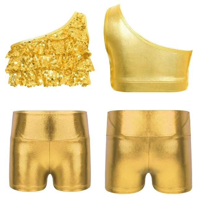 Oyolan Big Girls Gymnastic Workout Set 2PCS Crop Tops with Shorts 4-16 Years Sequins Dance Outfit Gold 8