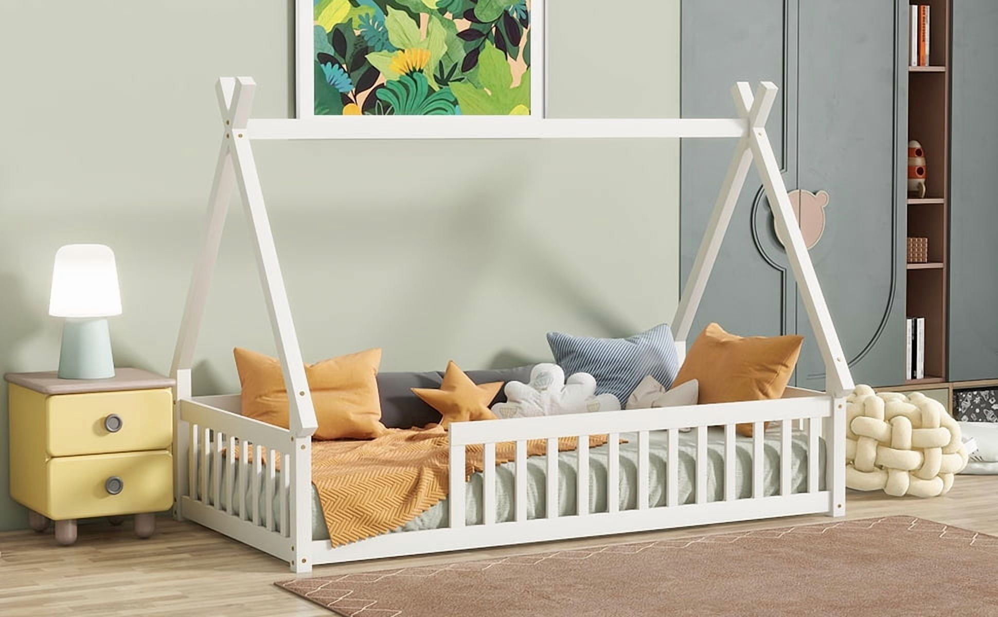 Sailvan Twin Tent-shaped Floor Bed,Teepee Bed with Guardrails,Slats