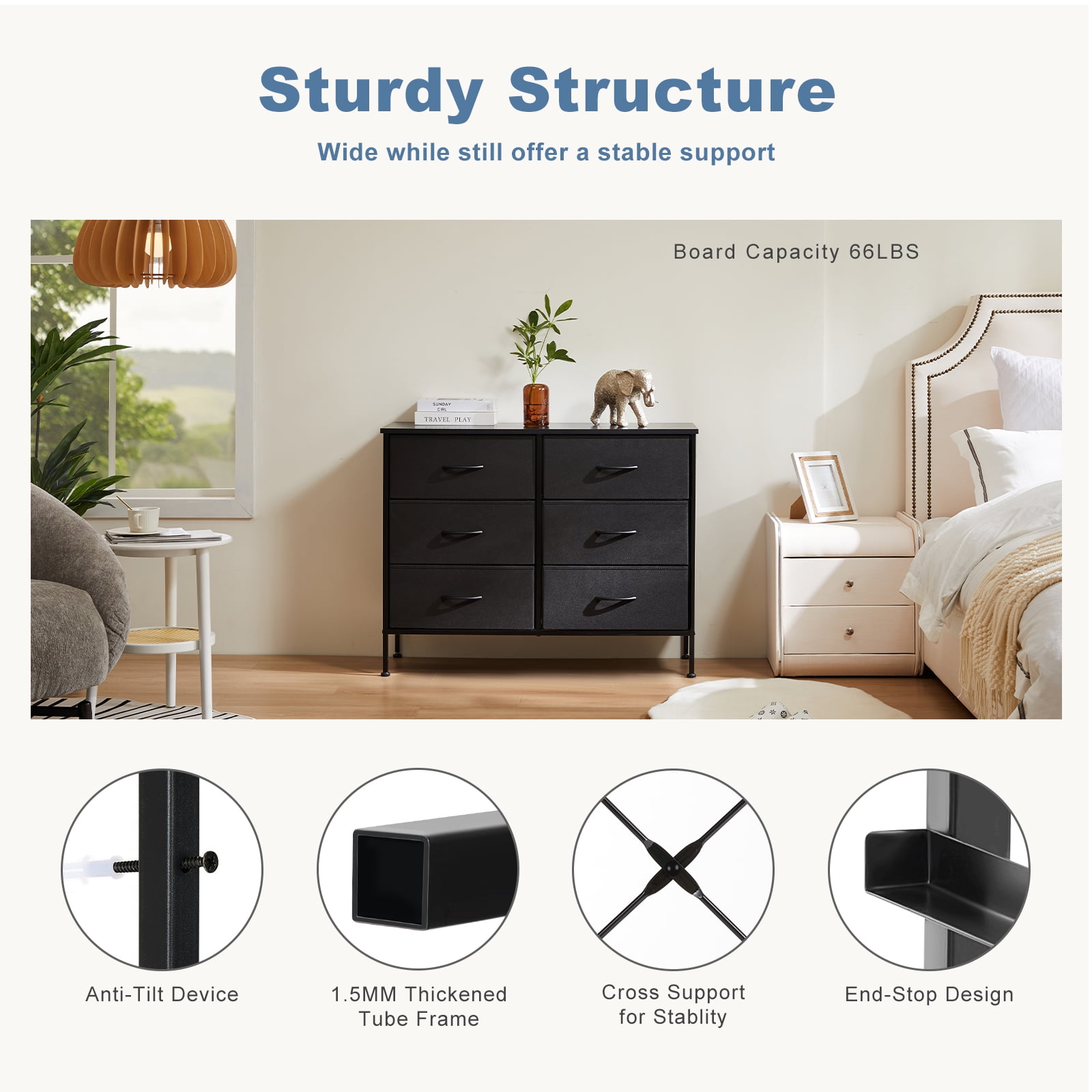 CONCETTA 6-Drawer Fabric Dresser Storage Chest for Bedroom, Closet, Storage Furniture for Adults, Black