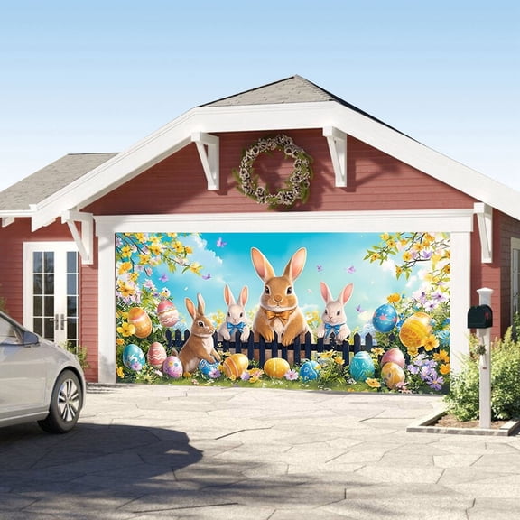 189.0"x82.7" Happy Easter Garage Door Decorations Funny Rabbit Easter Egg Door Cover Garage Door Banner for Outdoor Indoor Spring Cute Bunny Kids Party Photo Background Photography Backdrop