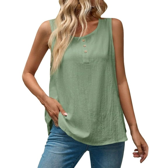 Uooqdmx Linen Tank Tops for Women, Gauze Shirts for Women, Plain Tank Tops for Women, Loose Fitting Tank Tops for Women, Sleeveless Tunic Tops for Women, Green L