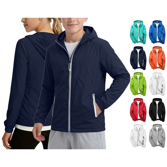 WAVSUF Boys Athletic Jacket Breathable Lightweight Long Sleeve Hooded with Pockets Fall Casual Sports Coat Navy 10-12