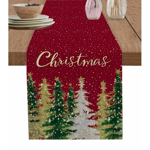 Ldtrchee Red Christmas Table Runner 90 Inches, Xmas Green Gray Yellow Tree Snowflake Bed Runner Dresser Scarves Tabletop for Indoor Outdoor Parties/Ceremony/Banquet, 13" x 90"
