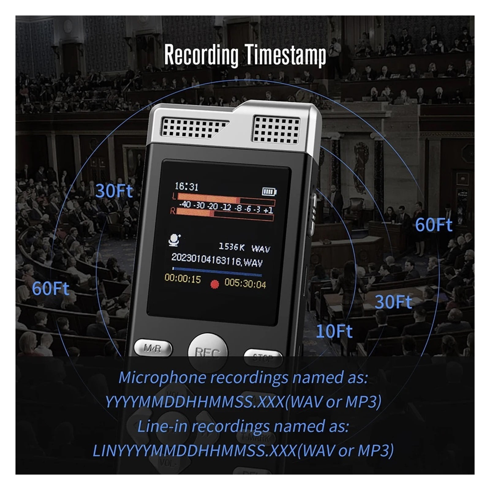Voice Activated Dual Microphone Recording Password Protection Digital Voice Recorder  Music Player