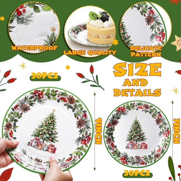 YUYAN-100 Pcs Christmas Party Plates Decorations Xmas Tree Collection Disposable Paper Berry Wreath Plates Set for Christmas Holiday Party Decor Serves 50 Guests