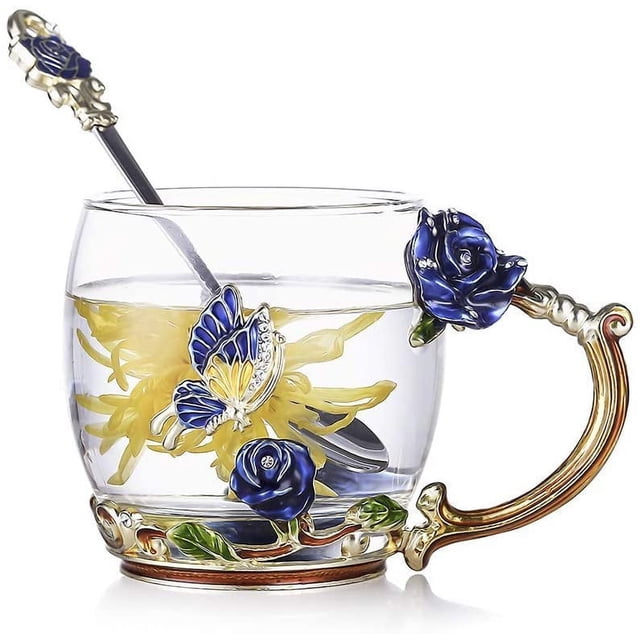 Esmaltes Flor de Mariposa Tazas de Café de Vidrio Transparente Sin Plomo Taza de Té con Juego de Cuchara de Acero, Regalos Personalizados para Mujeres Esposa Mamá Niña Maestra Amigas Cumpleaños Madre