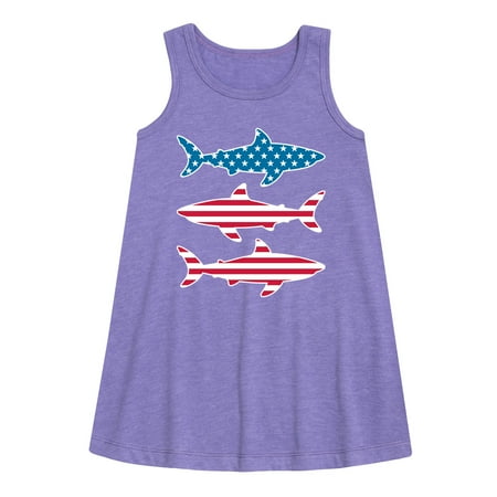 

Instant Message - 4th of July - Shark American Flag - Toddler & Youth Girls A-line Dress