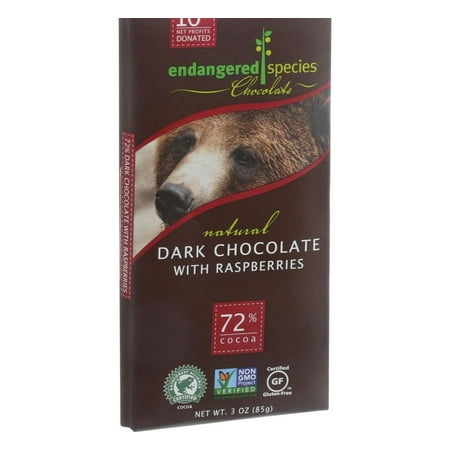 Endangered Species Natural Chocolate Bars - Dark Chocolate - 72 Percent Cocoa - Raspberries - 3 oz
