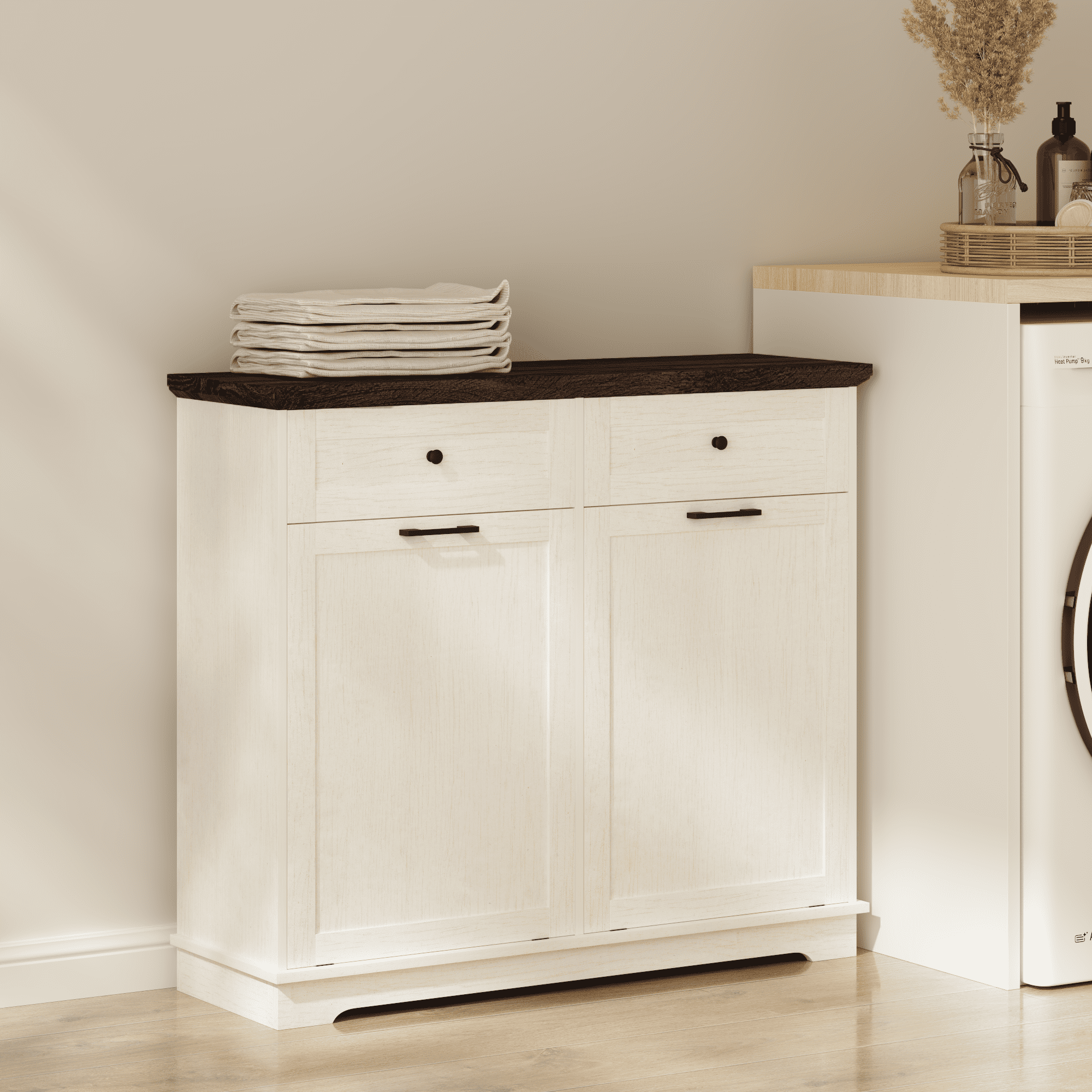 Tilt Out Trash Cabinet Freestanding Trash Bin Cabinet Wood Garbage Recycling Cabinet with Drawer Pet Proof Trash Can Holder for Kitchen Living Room, Antique White (Not include trash can)