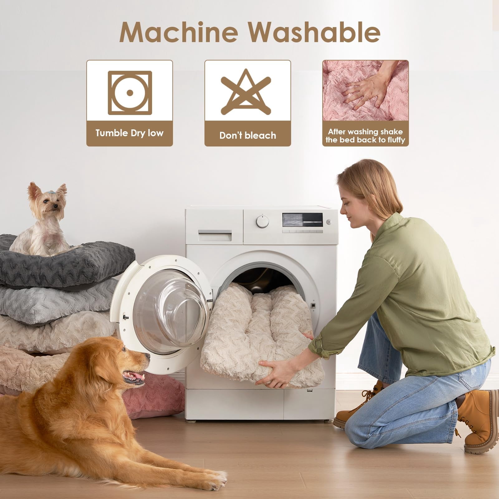 Washable Xl Dog Bed For Crate 41x27 Inch  Reversible Kennel Pad Extra Large Dogs Weight Up To 75 Lbs Plush And Comfy Pet Sleeping Mat Beige