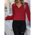 thumbnail image 2 of Womens Button Down Shirts Lace Cuff Long Sleeve Chiffon Dressy Tops Band Collar Fall Business Casual Blouses Red S, 2 of 8
