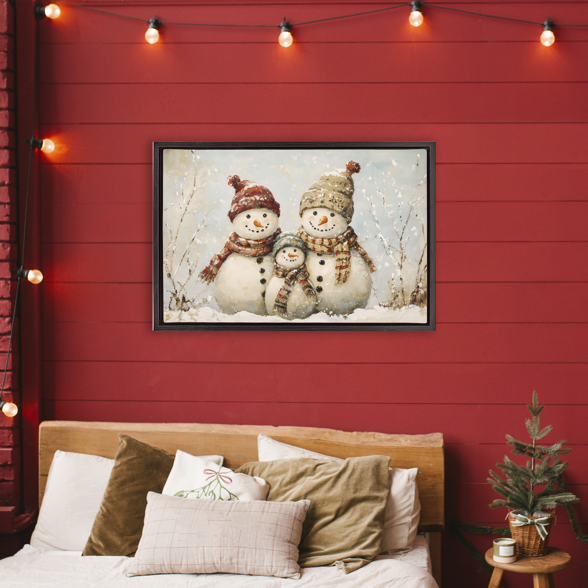 Snowman Family Of Three Black Framed Floater Canvas Wall Art, design by Petal Prints Design