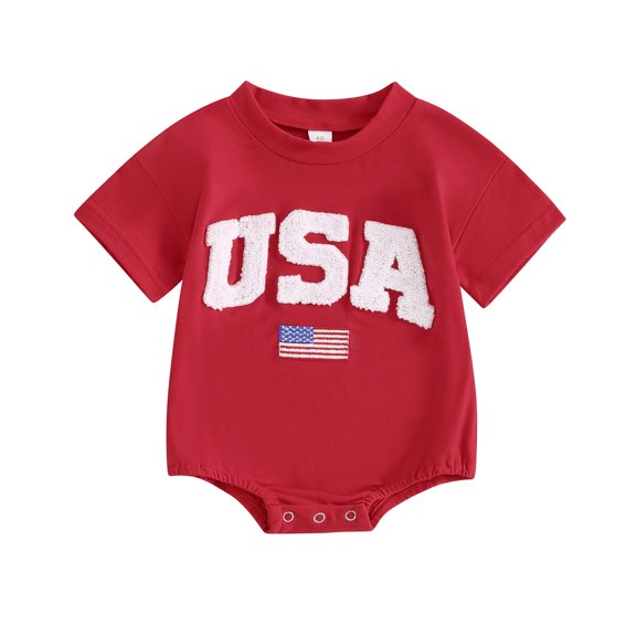 4th of July Baby Rompers Infant Girls Boys Fuzzy Letter Flag Embroidery Crew Neck Short Sleeve Bodysuits Summer Jumpsuits