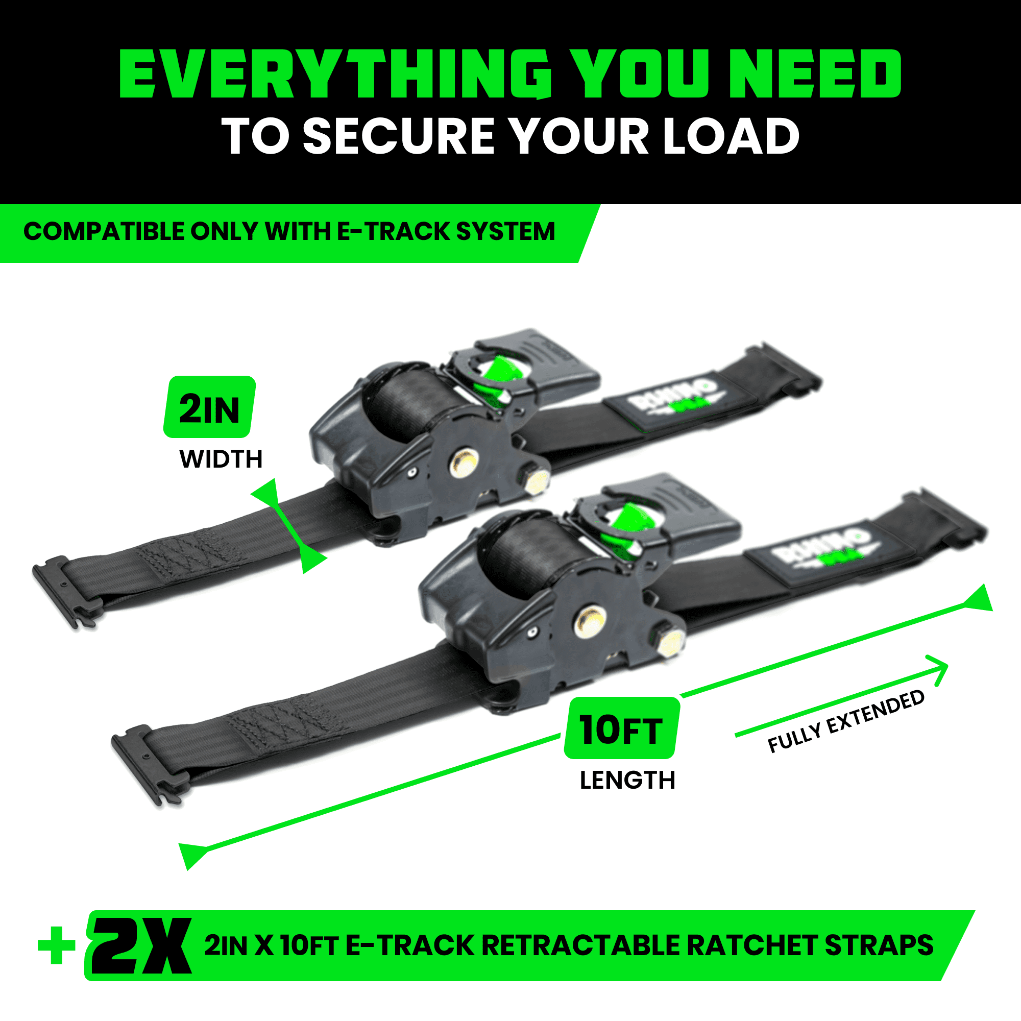 Rhino USA 2" x 10' E Track Retractable Ratchet Tie Down Straps - 3033lb Break Strength (Black 2Pack)