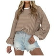 thumbnail image 2 of Tanghaowl Women Sweatshirt Trendy Women Striped Color Block Long Sleeve Crew Neck Pullover T Shirt with Fashionable Design Khaki S, 2 of 4