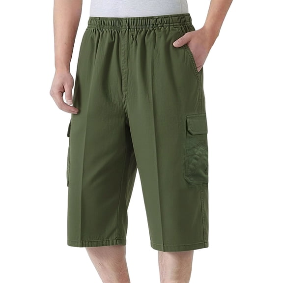 yillto Big and Tall Mens Cargo Capris Pant with Pockets Elastic Waist Loose Hiking Casual Long Shorts