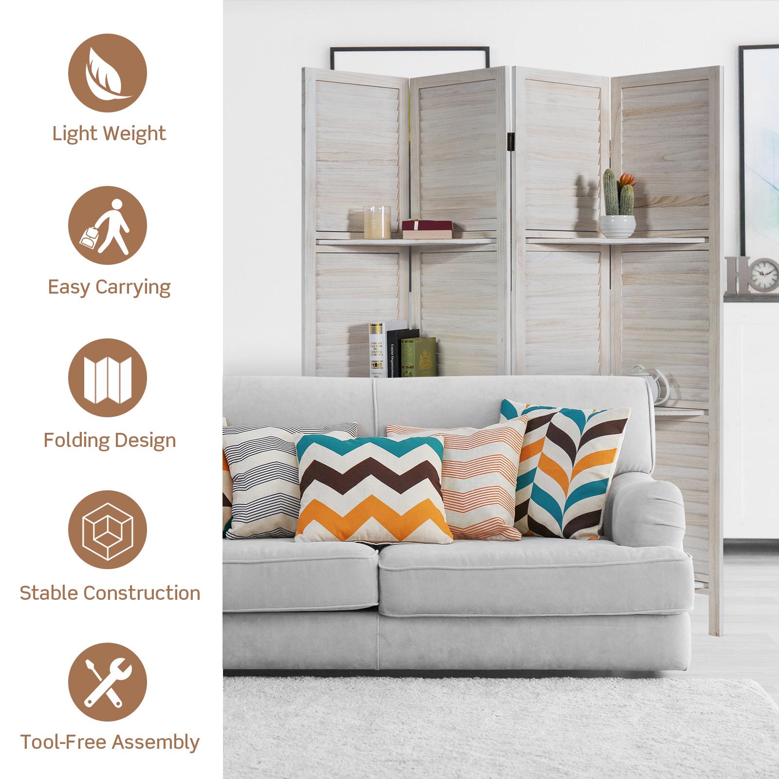 Giantex 4-Panels Wood Room Divider with Display Shelf Folding Privacy Room Dividers Screen for Home Office, 5.6FT, White