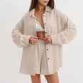 thumbnail image 2 of 2 Piece Linen Outfits for Women Fall Spring Long Sleeve Button Up Shirt and Elastic Waist Shorts Set Travel Clothes (S, Khaki), 2 of 7