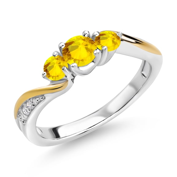 Gem Stone King 925 Sterling Silver and 10K Yellow Gold Yellow Sapphire and White Lab Grown Diamond 3 Stone Engagement Ring for Women (0.66 Cttw, Gemstone September Birthstone, Size 9)